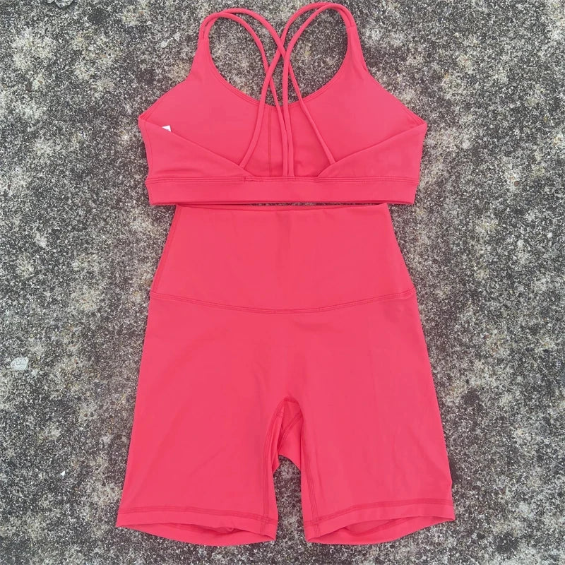 2-Piece Solid Color Gym & Yoga Set – Cross-Back Sports Bra + Biker Shorts