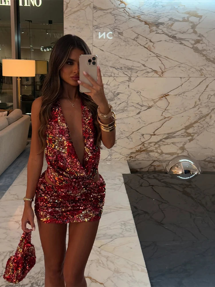 2025 Summer Colorful Sequin Halter Set – Plunge-Neck Sleeveless Vest & Bodycon Mini Skirt