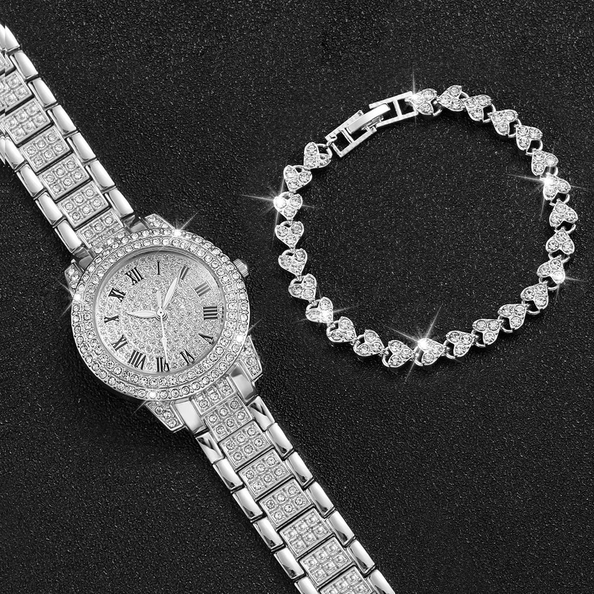 2pcs/set Women’s Stainless Steel Band Diamond Quartz Watch & Bracelet Set