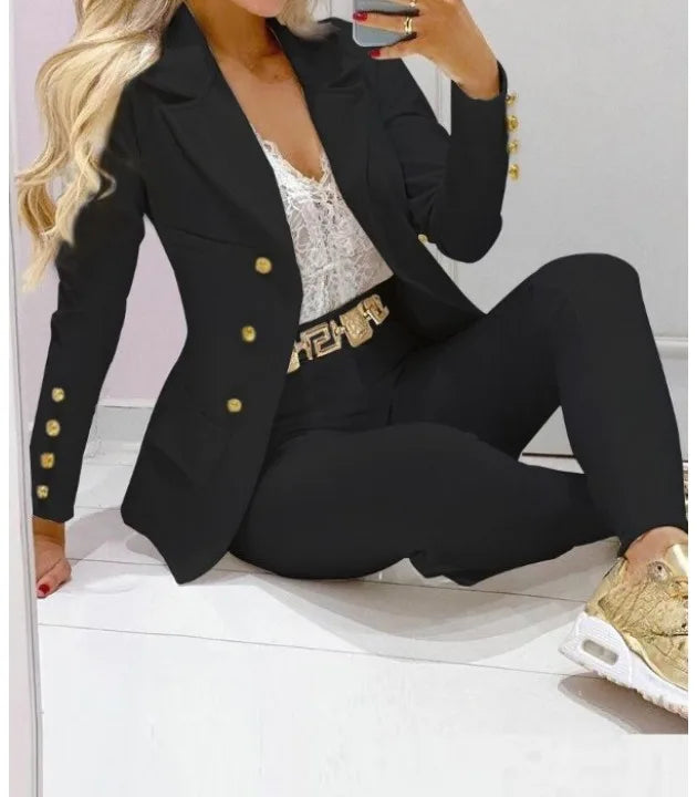 Women’s Autumn Two-Piece Set – Long Sleeve Coat & Trousers Suit