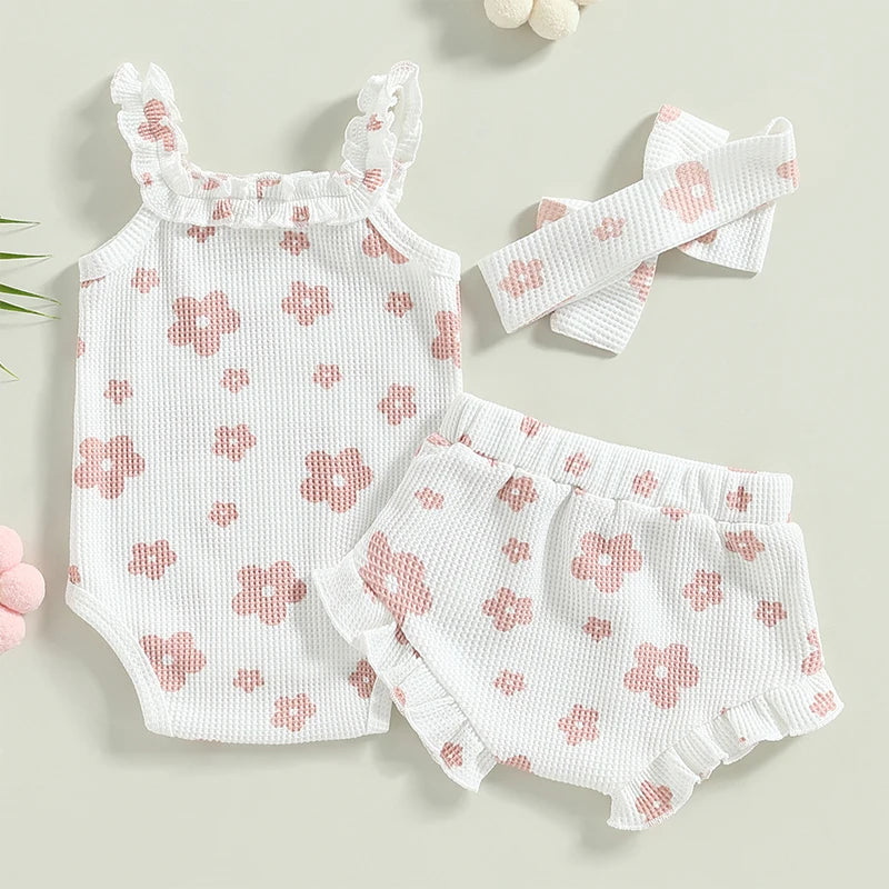 Baby Girl 3-Piece Summer Outfit – Floral Sleeveless Romper + Shorts + Headband (0–18 Months)
