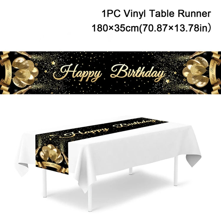 Black Gold Birthday Table Runner Table Cover Happy Birthday Party Decorations For Kids Adults Home 1st Bithday Table Decor