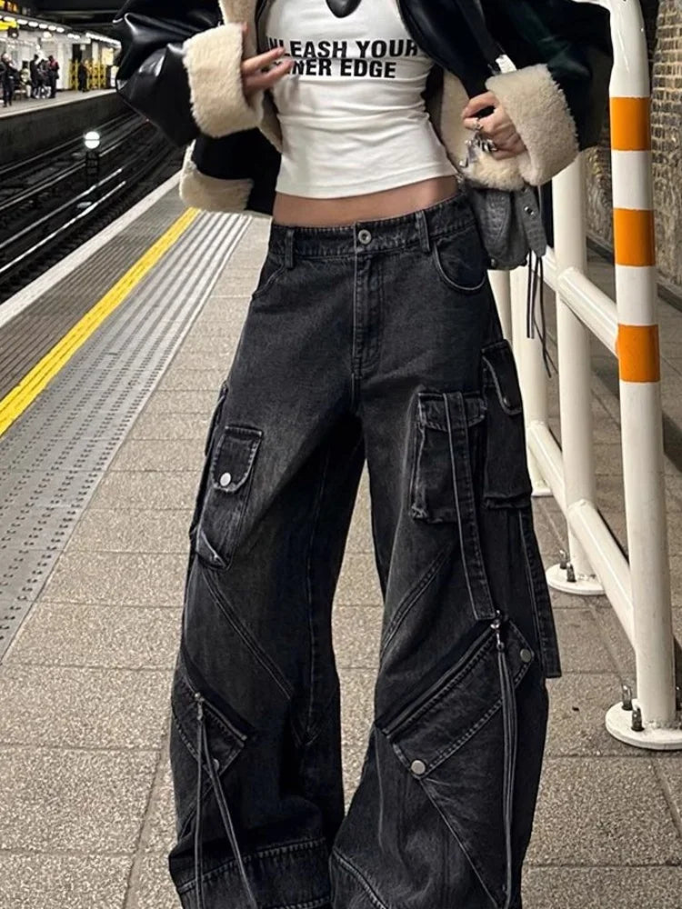 2025 Y2K Punk Streetwear Baggy Cargo Jeans – Washed Black Wide-Leg Pants for Women