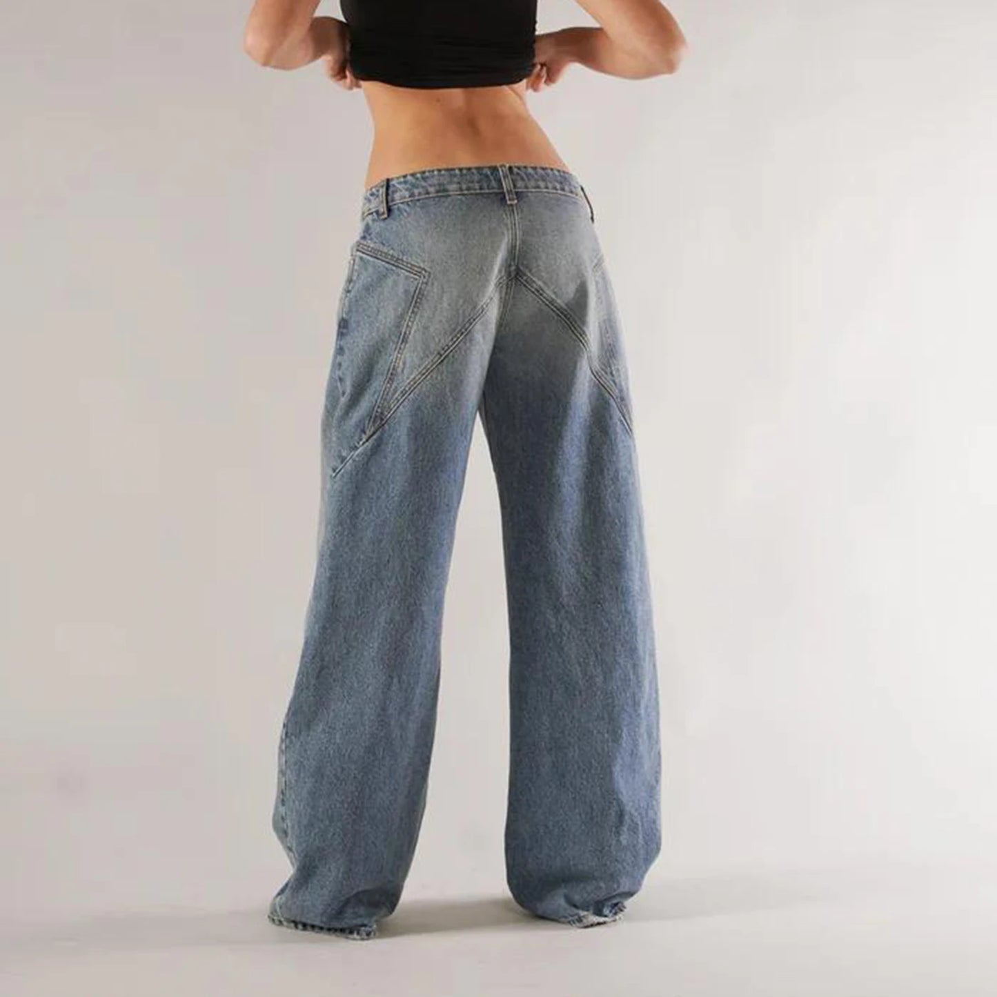 Women’s Y2K Vintage Gradient Jeans – Low Waist Wide-Leg Denim with Pockets