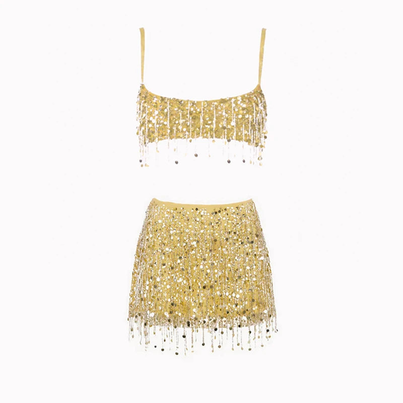 2025 Spring Summer Sexy Beach Tassel Skirt Set – Sequin Backless Sleeveless Ibiza Festival Outfit
