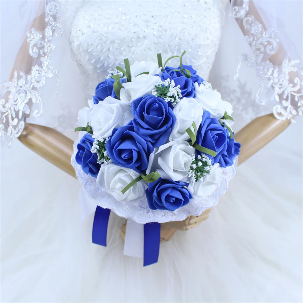 Elegant Blue Bridal Bouquet – Artificial PE Roses with Pearls