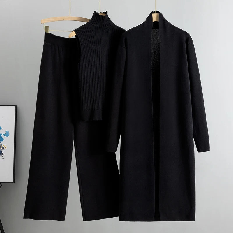 Spring Autumn Women’s 3-Piece Cardigan Tracksuit – Vintage-Inspired Knitted Sweater & Pants Set