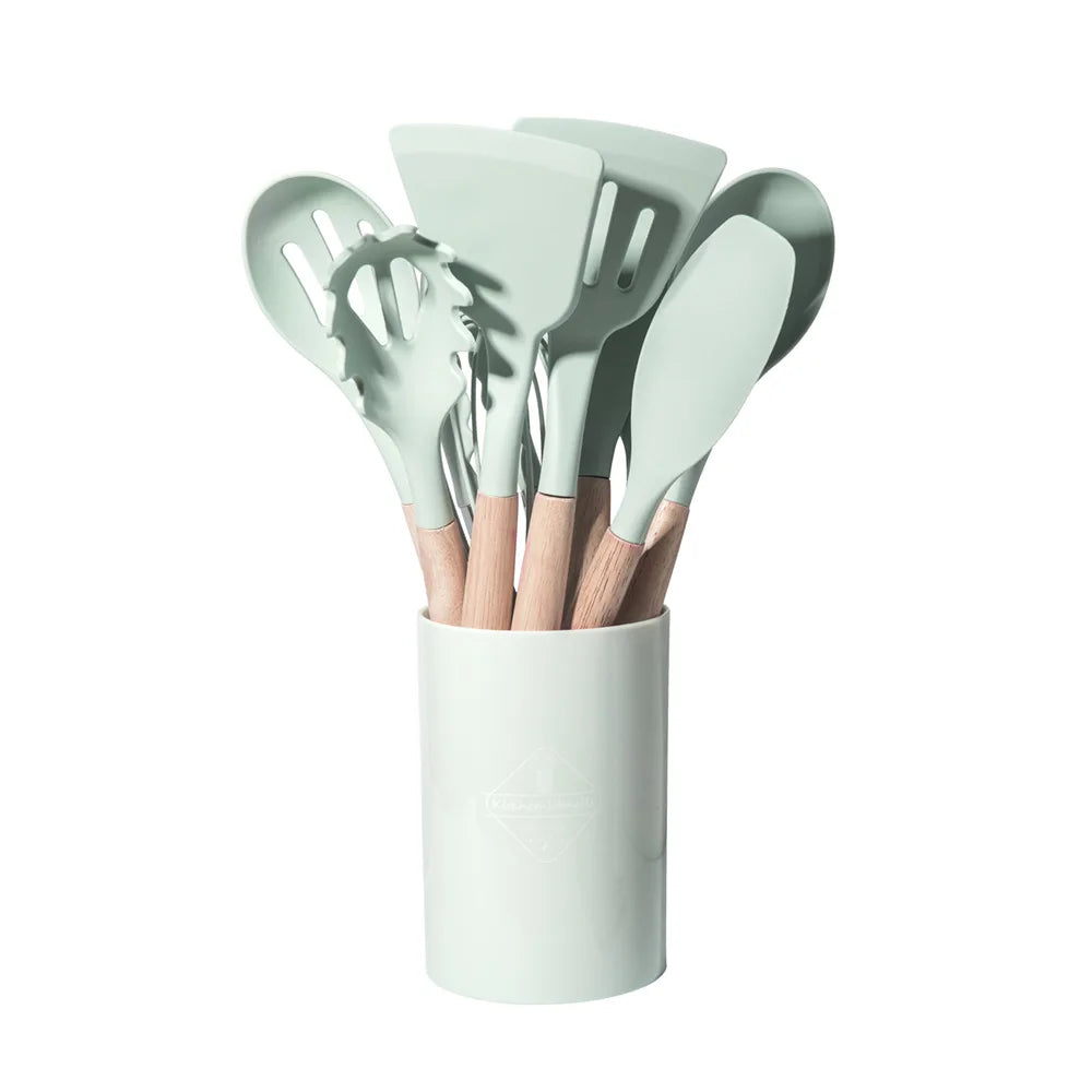 12 pcs Set of Multi-color Silicone Wooden Handle Kitchenware