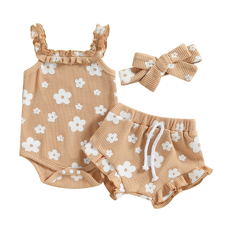 Baby Girl 3-Piece Summer Outfit – Floral Sleeveless Romper + Shorts + Headband (0–18 Months)