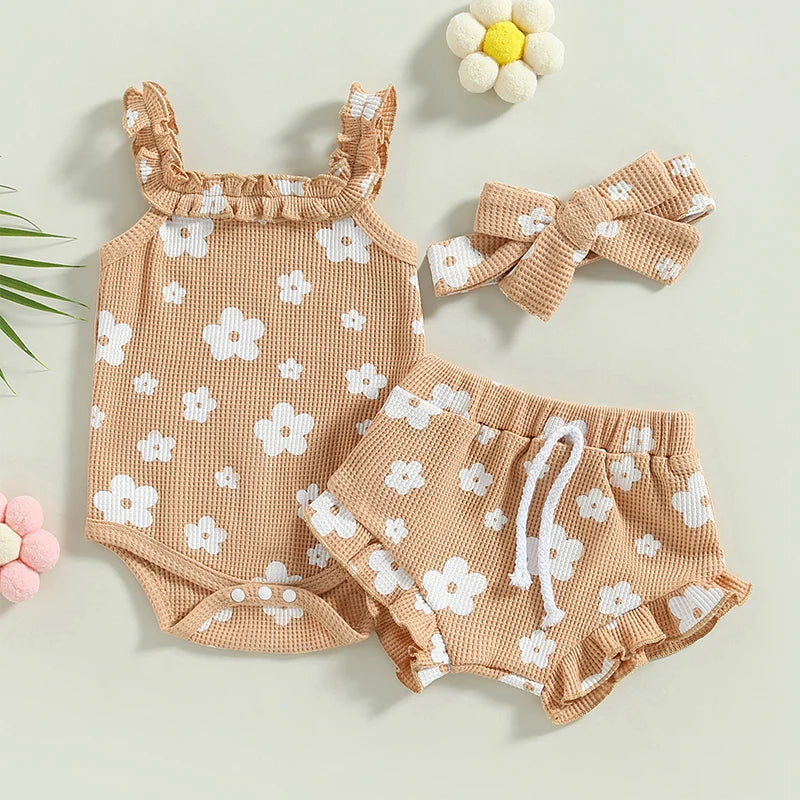 Baby Girl 3-Piece Summer Outfit – Floral Sleeveless Romper + Shorts + Headband (0–18 Months)