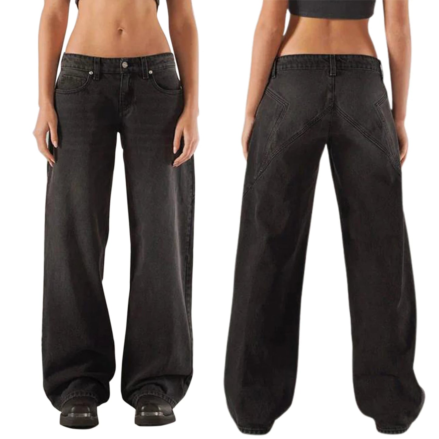 Women’s Y2K Vintage Gradient Jeans – Low Waist Wide-Leg Denim with Pockets