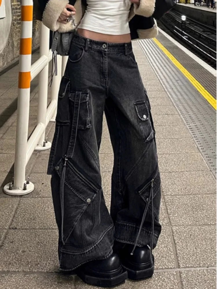 2025 Y2K Punk Streetwear Baggy Cargo Jeans – Washed Black Wide-Leg Pants for Women
