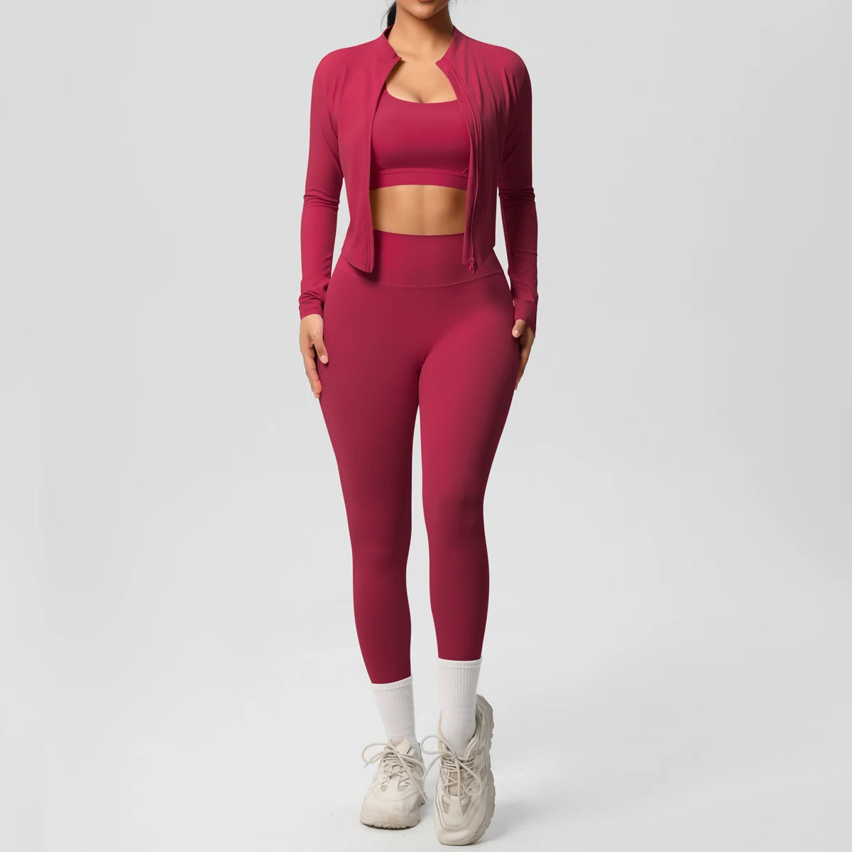 3-Piece Women's Sportswear Yoga Set – Zipper Jacket, Sports Bra & Leggings