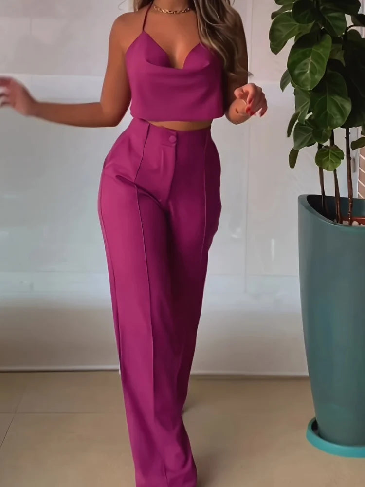 Women’s Two-Piece Summer Set – Sexy Suspender Top & Straight Pants