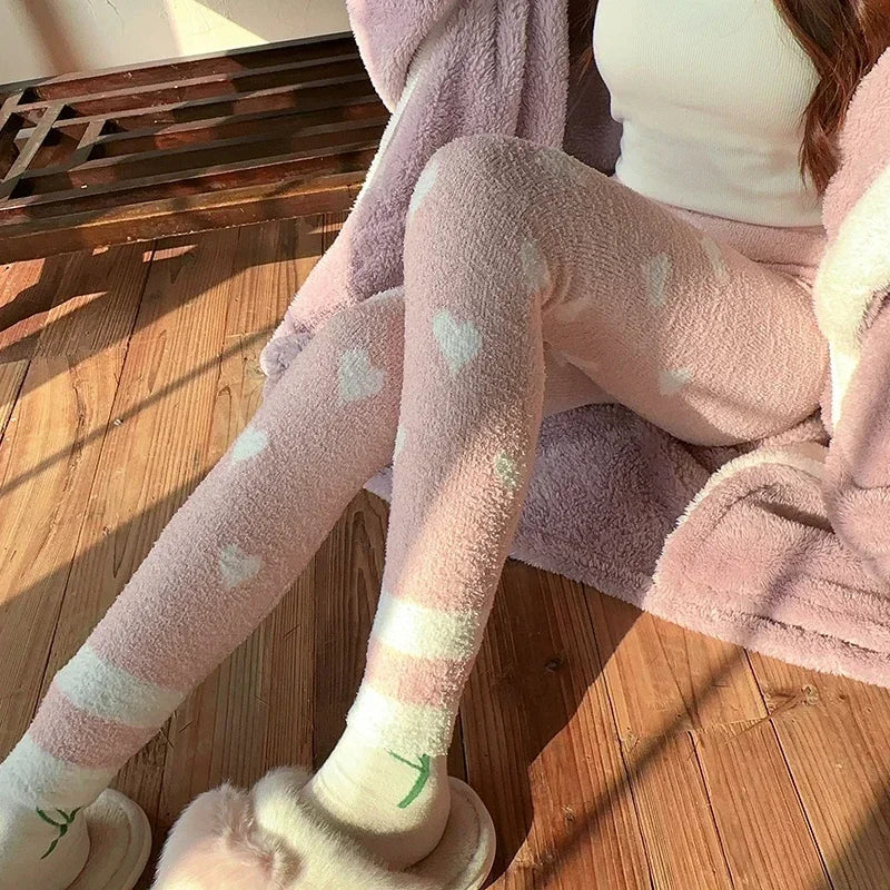 Heart Print Soft High Waist Coral Fleece Sleep Bottoms