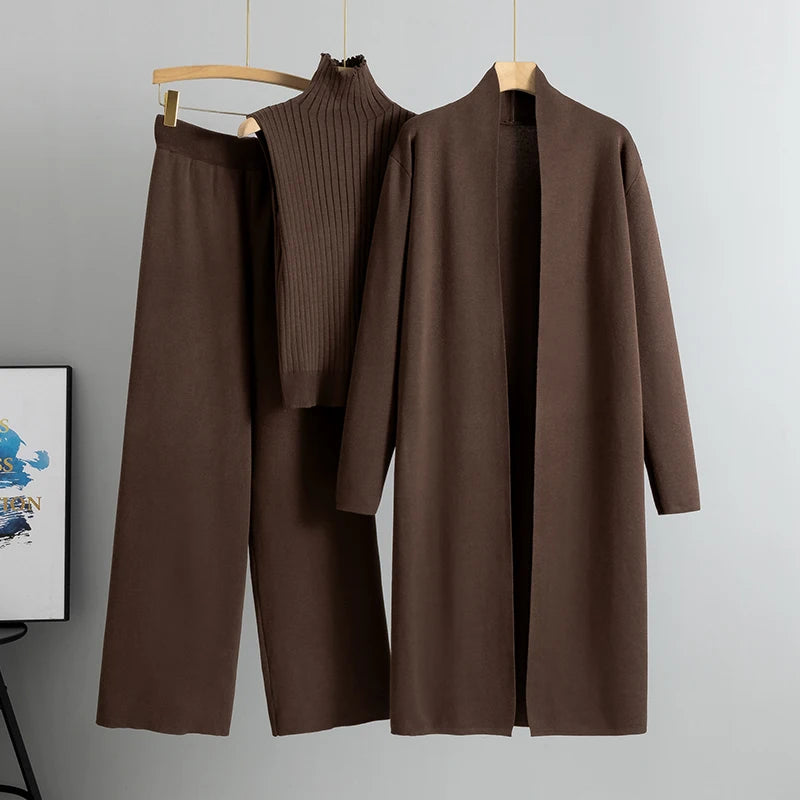 Spring Autumn Women’s 3-Piece Cardigan Tracksuit – Vintage-Inspired Knitted Sweater & Pants Set