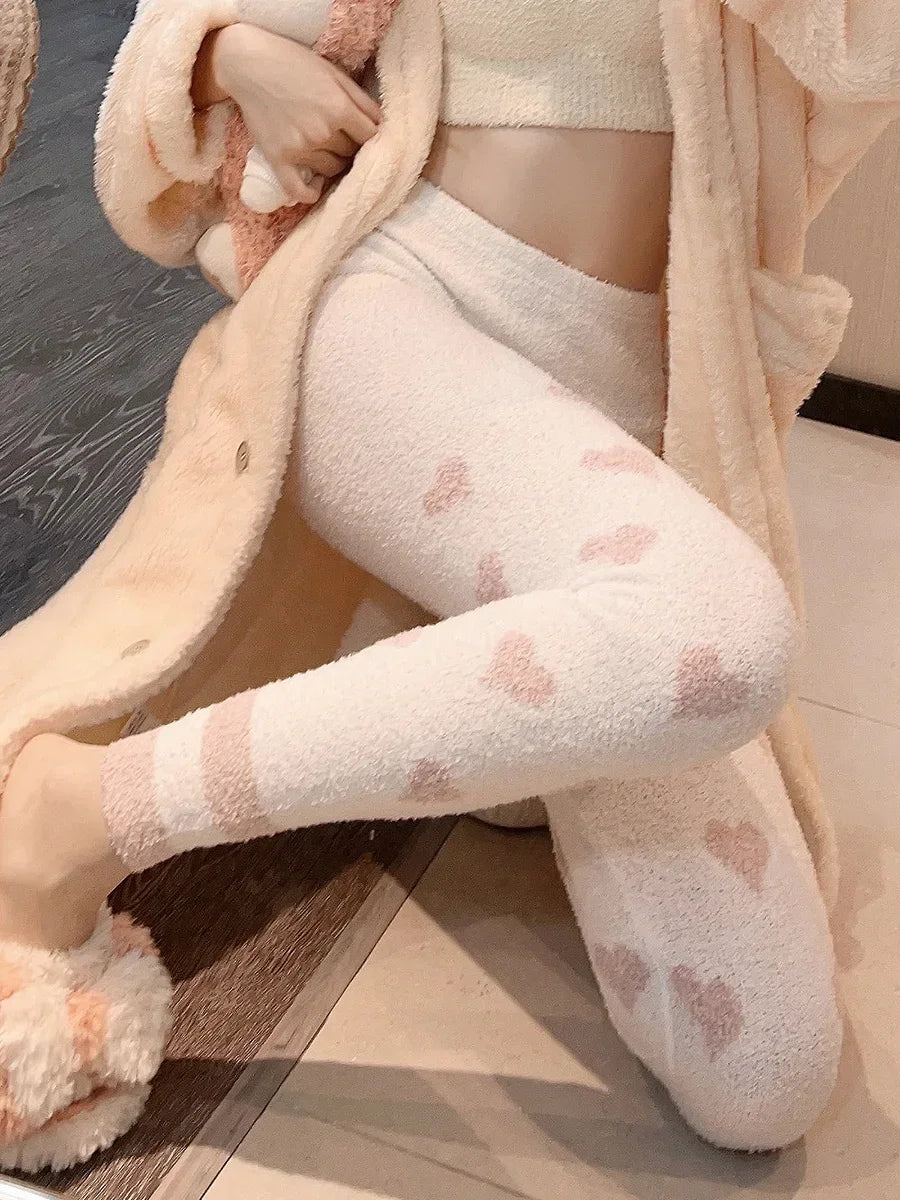 Heart Print Soft High Waist Coral Fleece Sleep Bottoms