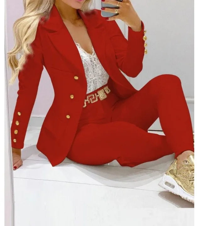 Women’s Autumn Two-Piece Set – Long Sleeve Coat & Trousers Suit