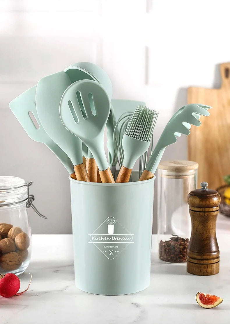 12 pcs Set of Multi-color Silicone Wooden Handle Kitchenware