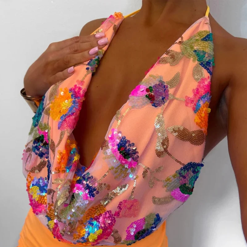 2025 Summer Colorful Sequin Halter Set – Plunge-Neck Sleeveless Vest & Bodycon Mini Skirt