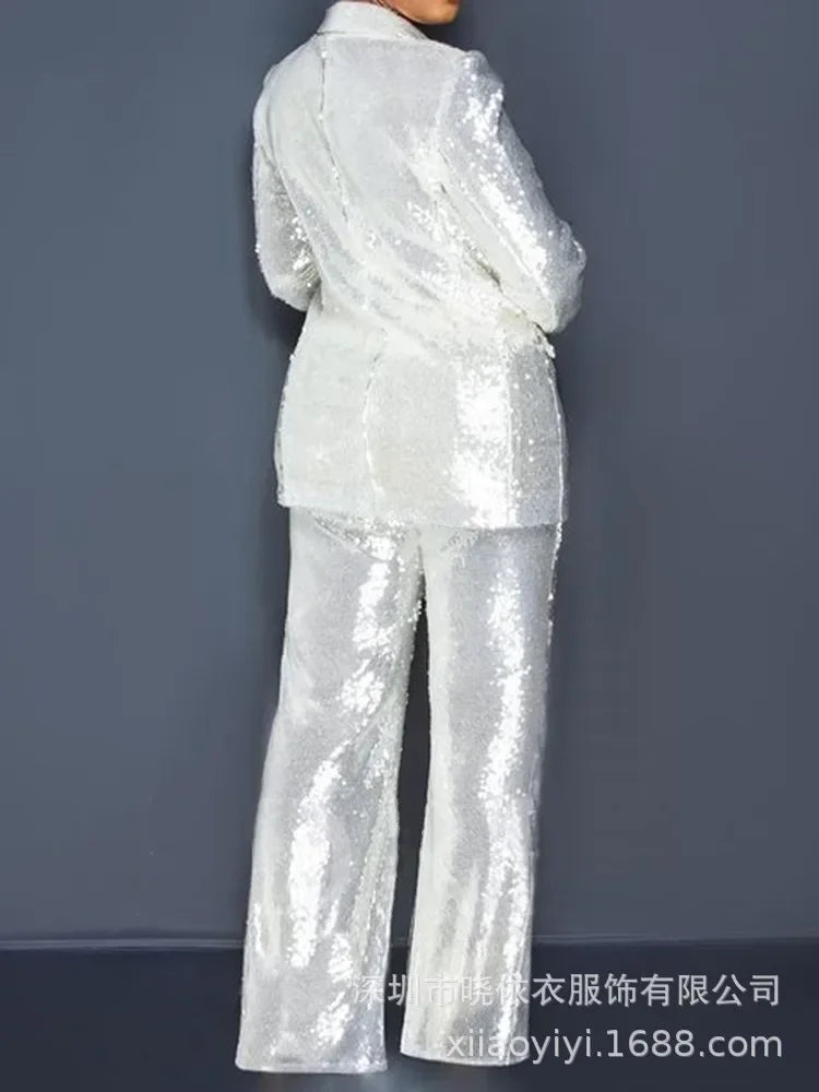 Women’s Two-Piece Sequin Blazer & Wide-Leg Pants Set – Slim Fit Casual Suit