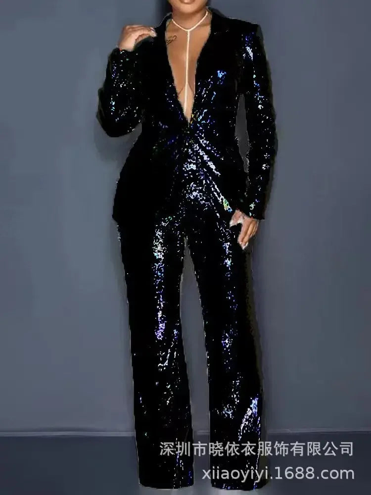 Women’s Two-Piece Sequin Blazer & Wide-Leg Pants Set – Slim Fit Casual Suit
