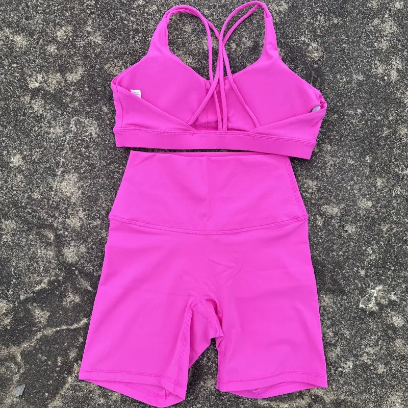 2-Piece Solid Color Gym & Yoga Set – Cross-Back Sports Bra + Biker Shorts