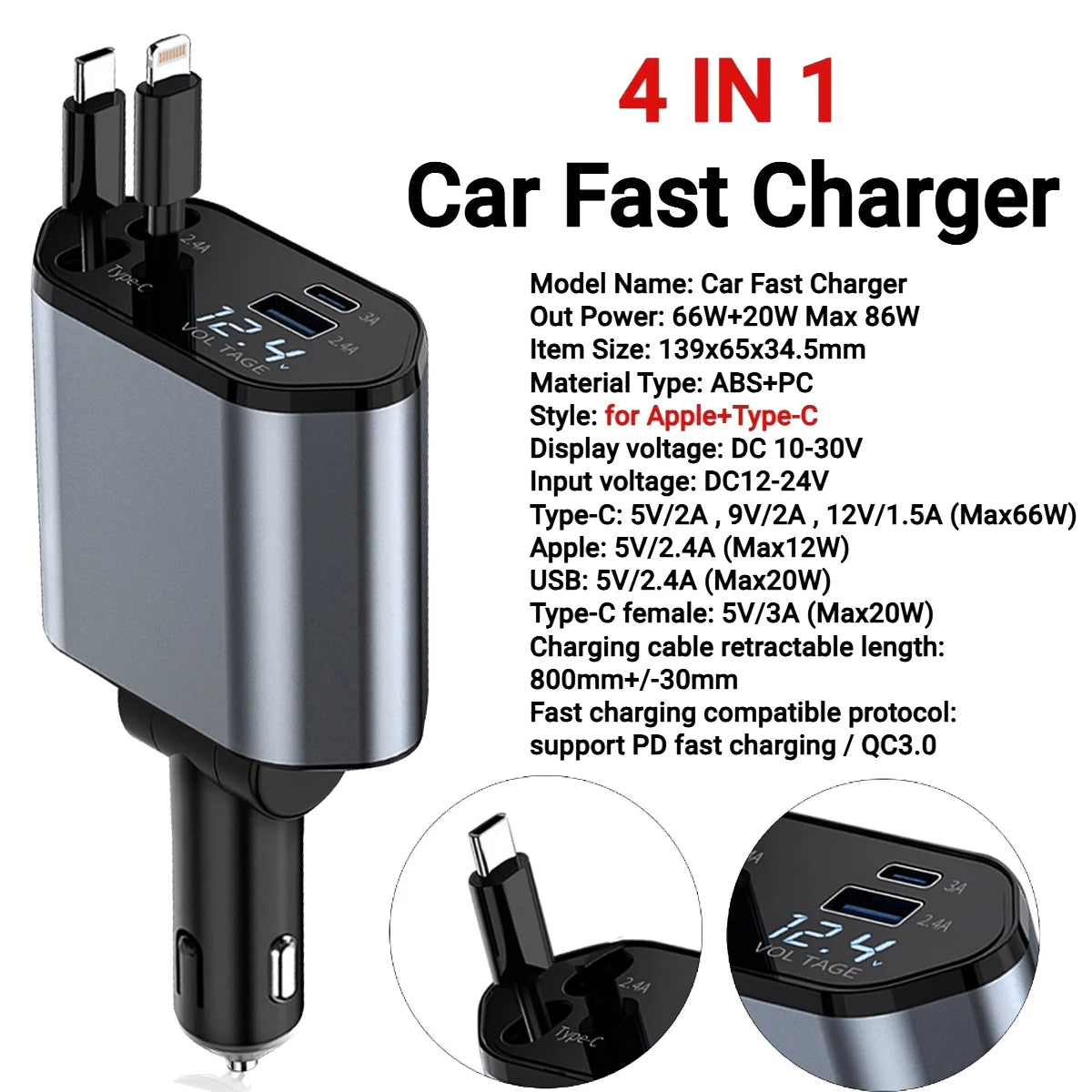 4-in-1 120W Retractable Car Charger with USB Type-C Cable