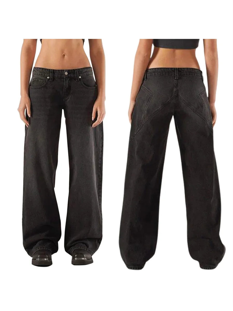 Women’s Y2K Vintage Gradient Jeans – Low Waist Wide-Leg Denim with Pockets
