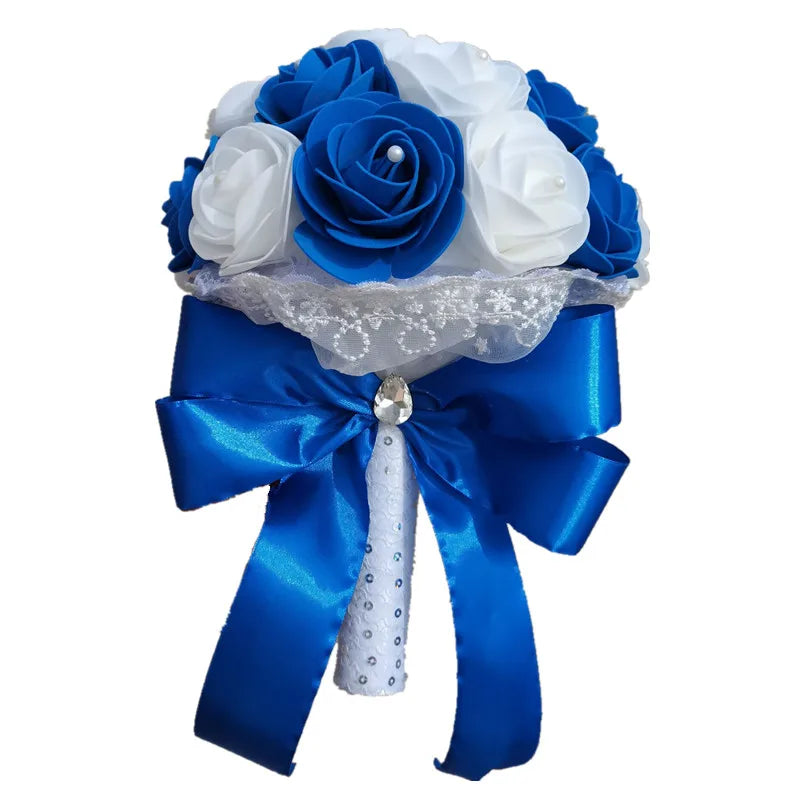 Elegant Blue Bridal Bouquet – Artificial PE Roses with Pearls