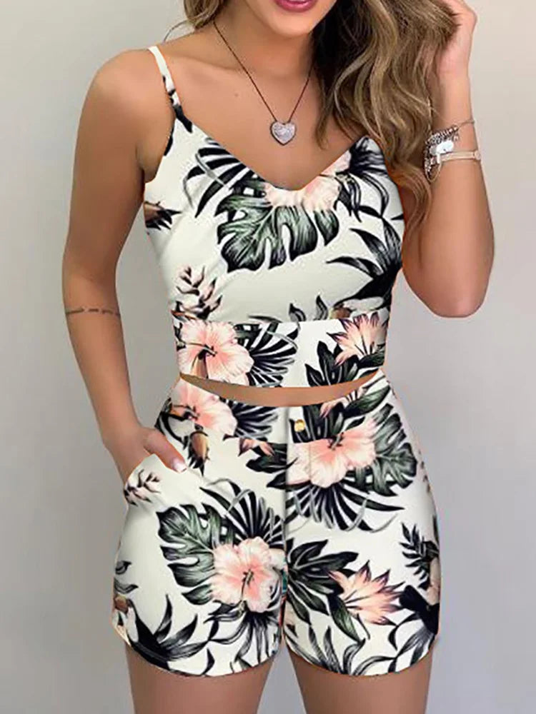 Women’s Summer Two-Piece Set – Sleeveless Floral Vest & Short Pants