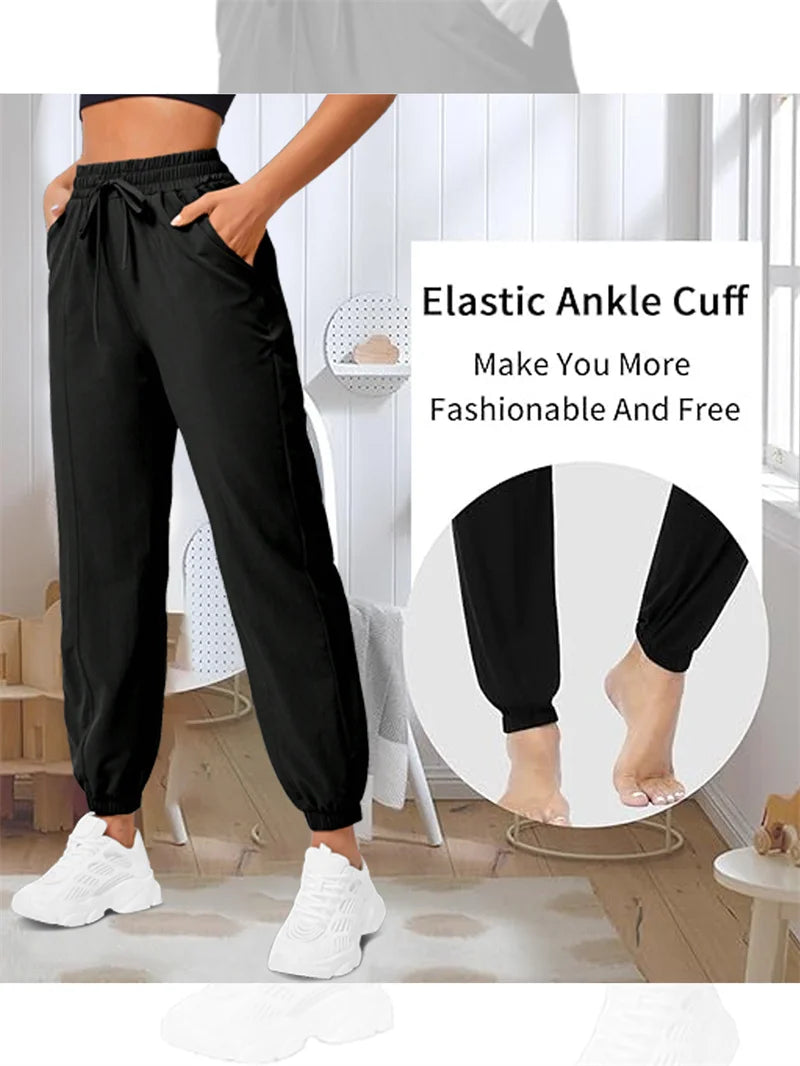 Women's Loose Running & Fitness Pants with Side Pockets – Ankle-Tied Yoga & Outdoor Sportswear
