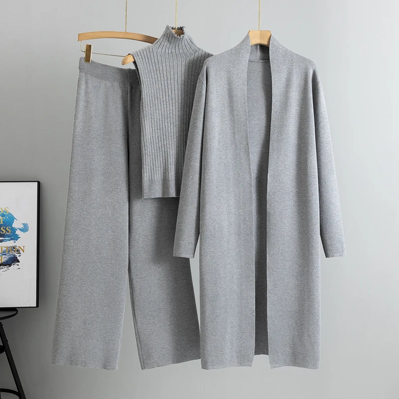 Spring Autumn Women’s 3-Piece Cardigan Tracksuit – Vintage-Inspired Knitted Sweater & Pants Set