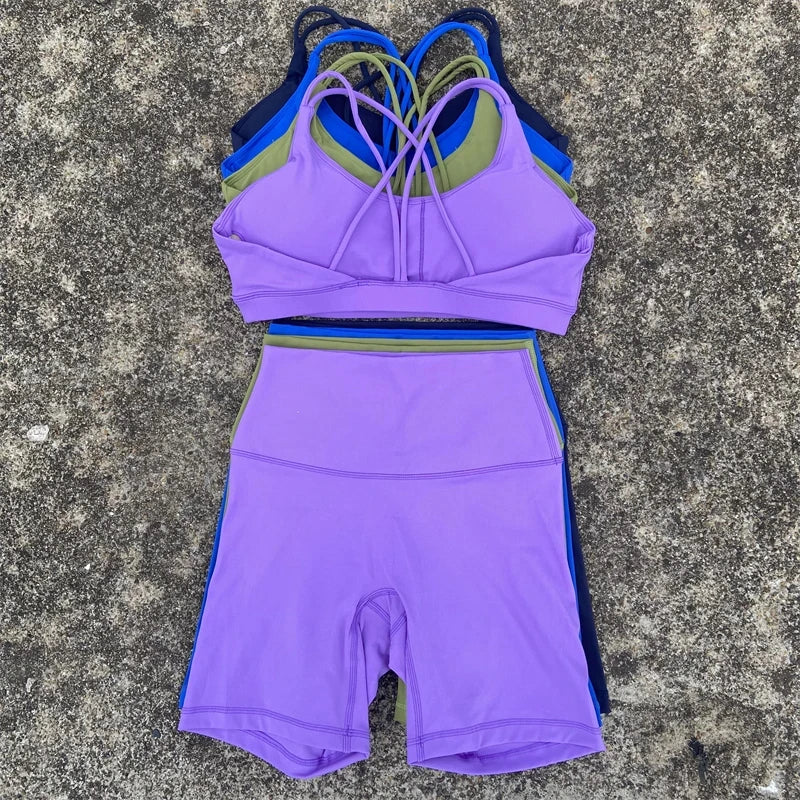 2-Piece Solid Color Gym & Yoga Set – Cross-Back Sports Bra + Biker Shorts