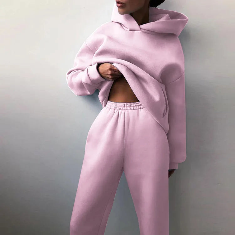 Women’s 2-Piece Leisure Sports Set – Autumn/Winter Fleece Hooded Suit