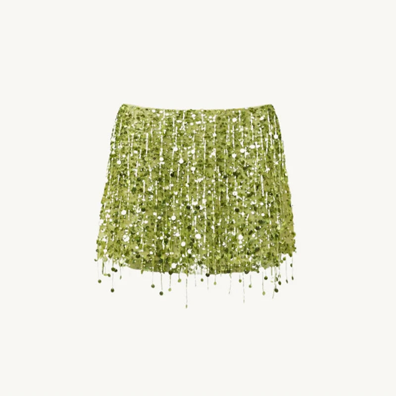 2025 Spring Summer Sexy Beach Tassel Skirt Set – Sequin Backless Sleeveless Ibiza Festival Outfit