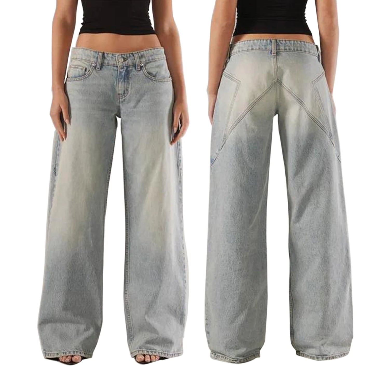 Women’s Y2K Vintage Gradient Jeans – Low Waist Wide-Leg Denim with Pockets