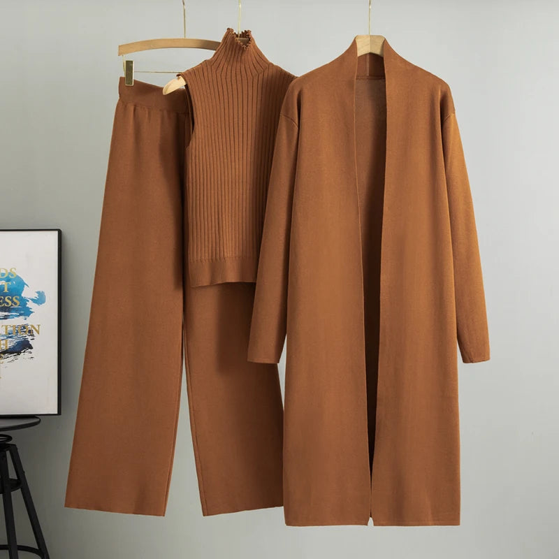 Spring Autumn Women’s 3-Piece Cardigan Tracksuit – Vintage-Inspired Knitted Sweater & Pants Set