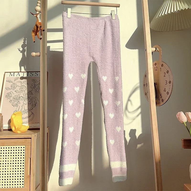 Heart Print Soft High Waist Coral Fleece Sleep Bottoms
