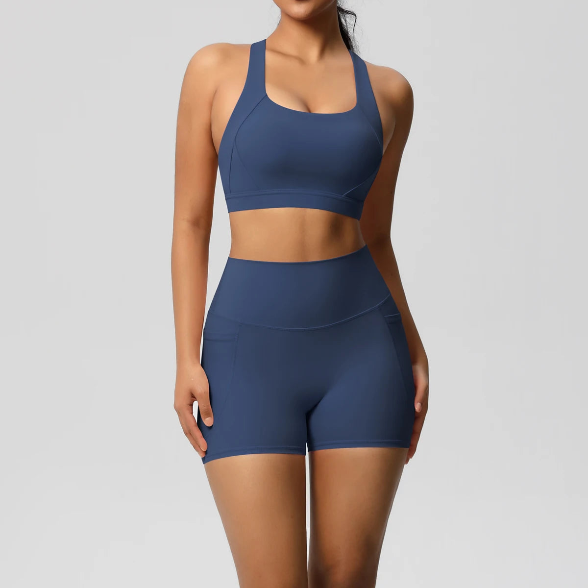 2PCS Women’s Yoga Set with Pockets – Crossover Bra & Sports Shorts / Leggings Gym Outfit