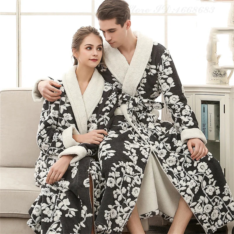 Thick Flannel Jacquard Couple Bathrobe