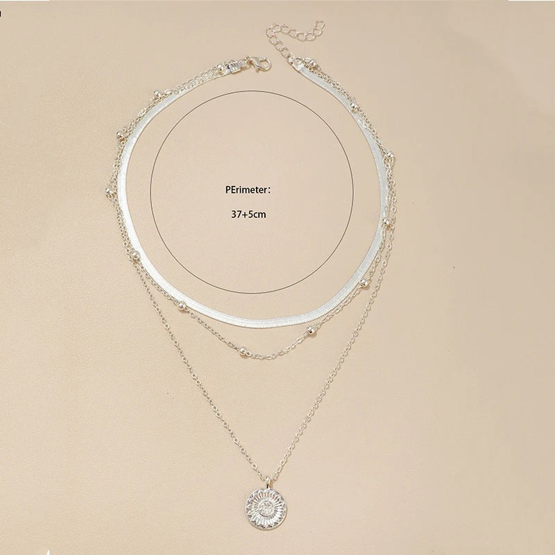 Fashion Flat Snake Chain Necklace with Three-Layer Coin Disc Pendants
