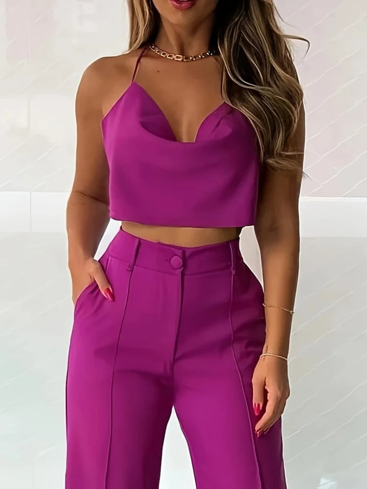 Women’s Two-Piece Summer Set – Sexy Suspender Top & Straight Pants