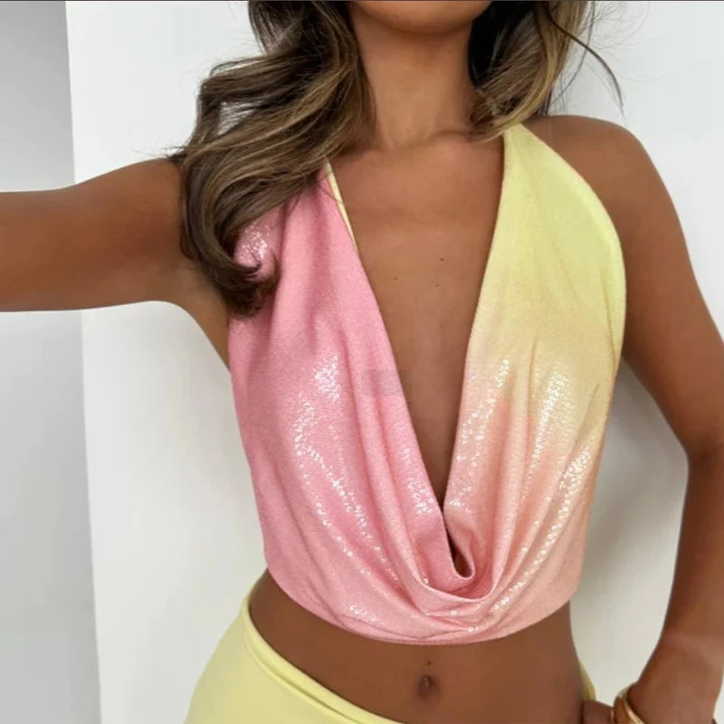2025 Summer Colorful Sequin Halter Set – Plunge-Neck Sleeveless Vest & Bodycon Mini Skirt