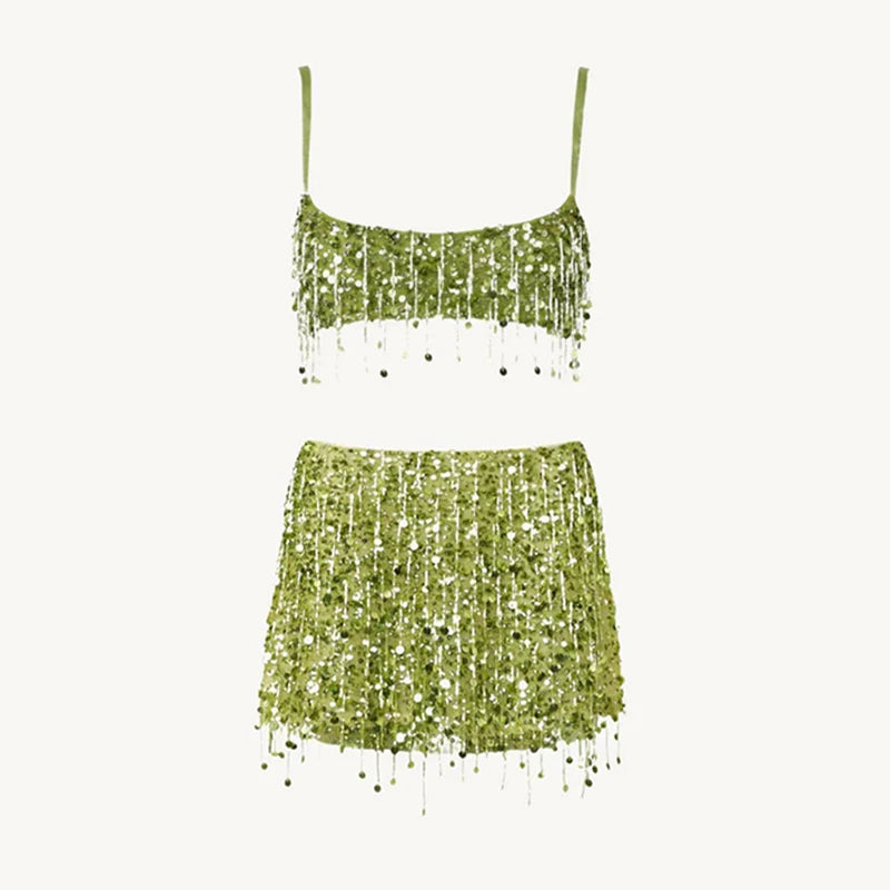 2025 Spring Summer Sexy Beach Tassel Skirt Set – Sequin Backless Sleeveless Ibiza Festival Outfit