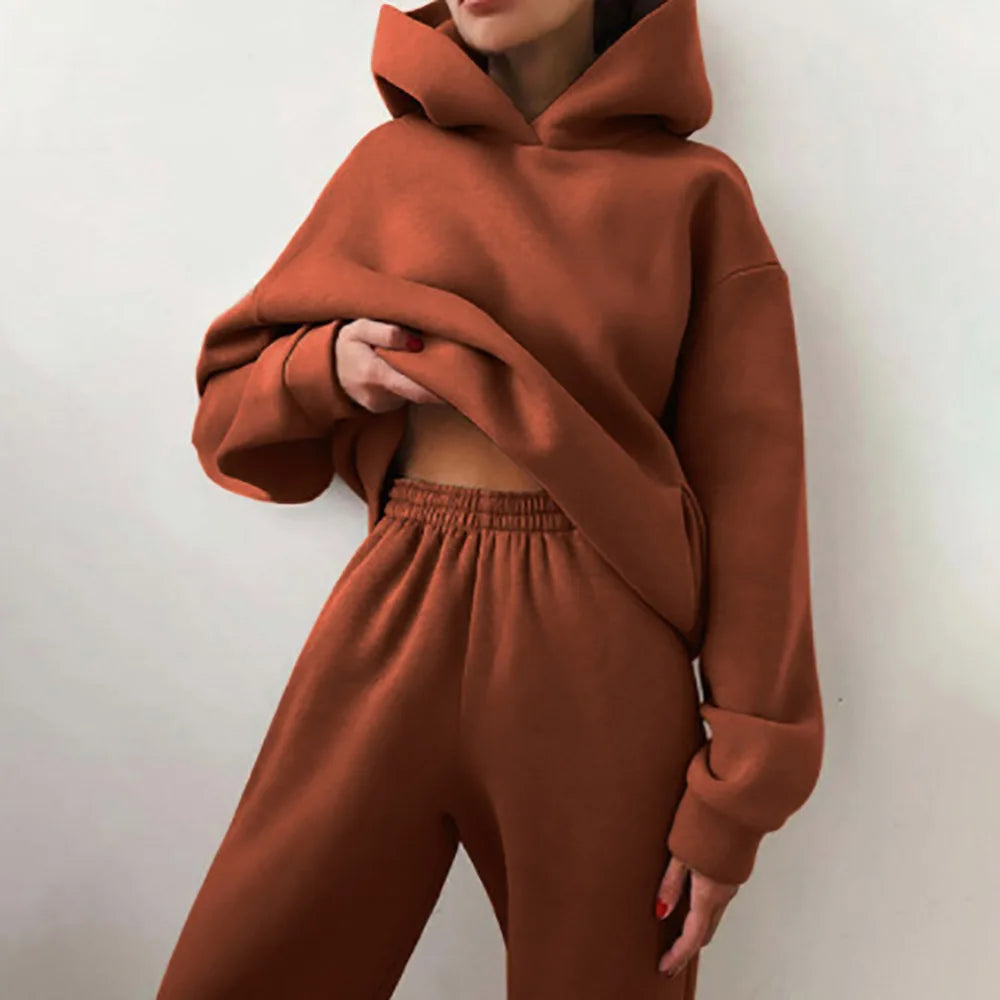 Women’s 2-Piece Leisure Sports Set – Autumn/Winter Fleece Hooded Suit