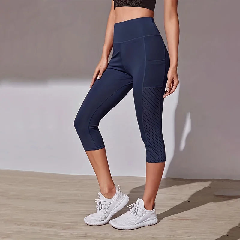 Women's Mesh High-Waist Capri Yoga Leggings with Pockets – Tummy Control Workout Leggings