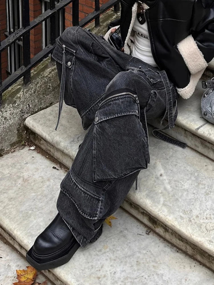2025 Y2K Punk Streetwear Baggy Cargo Jeans – Washed Black Wide-Leg Pants for Women