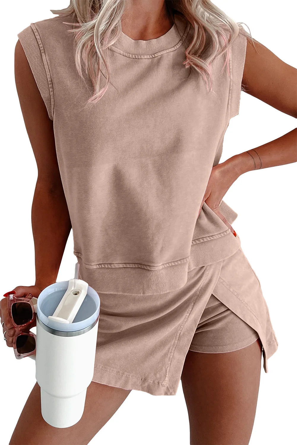 Y2K Cotton 2-Piece Outfit for Women – Pullover Top + Spliced High-Waist Skirt Shorts Set
