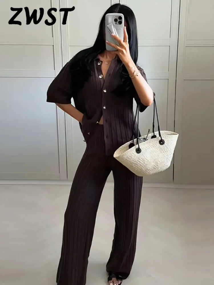 2025 Vintage-Inspired Knitted Pants Set – Brown Cardigan & Straight Trousers